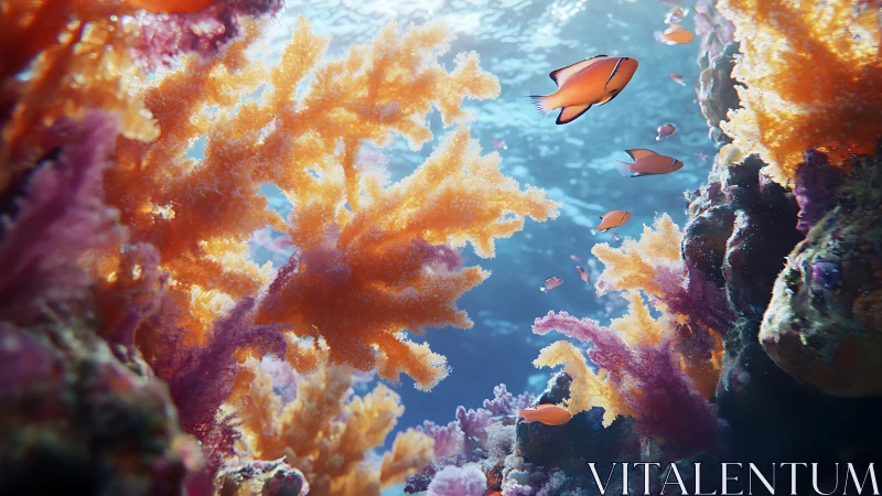 Underwater coral reef scene shows fish swimming through light