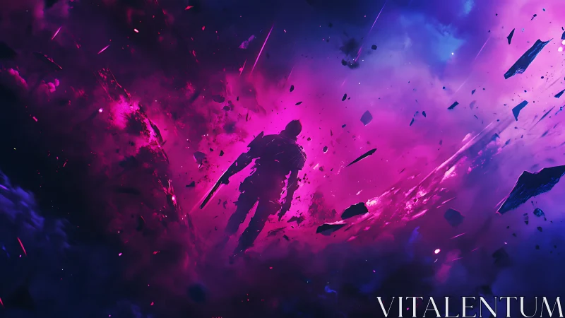 Silhouetted armored figure stands amid luminous cosmic debris