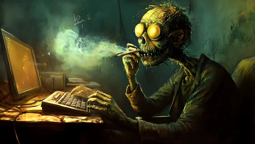 Decaying hacker chained to glowing monitor in toxic haze.