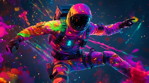Neon space explorer dives through vibrant cosmic paint clouds