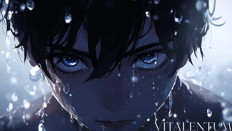 Storm-lit gaze of a soaked anime boy in shimmering rain.