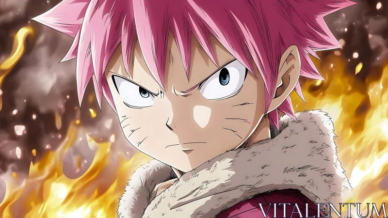 Pink-haired anime warrior glares forward amid swirling fire