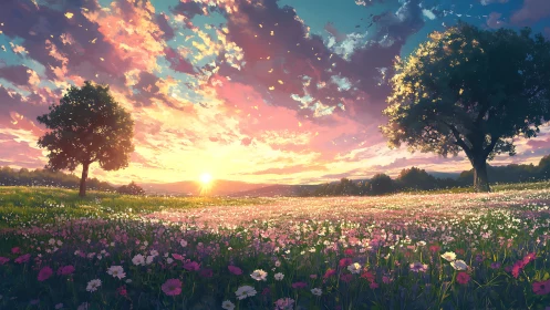 Sunlit wildflower meadow under cinematic pastel evening sky.