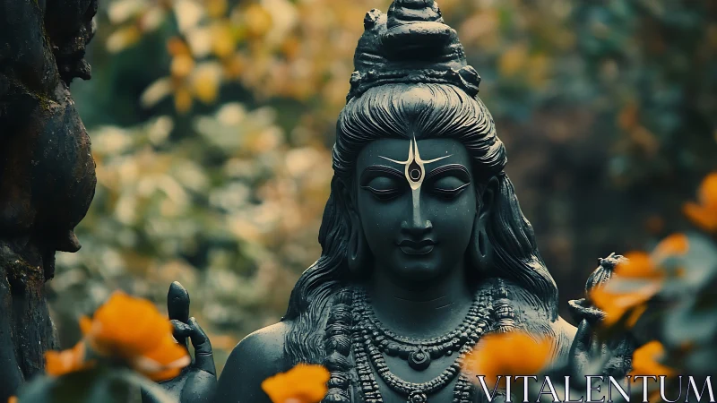 Serene stone deity amid blurred garden bokeh and blooms.