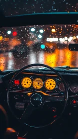 Vintage car dashboard glows against rainy night bokeh city