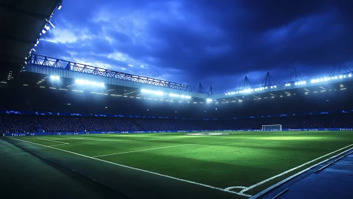 Floodlit emerald arena under electric midnight storm sky.