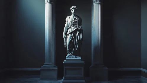 Marble neoclassical statue between fluted columns in cold raking light