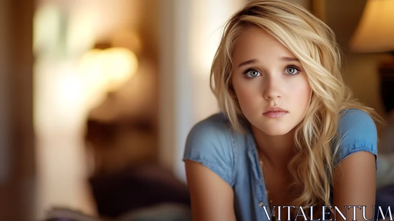 Blonde woman gazes forward in soft indoor evening light