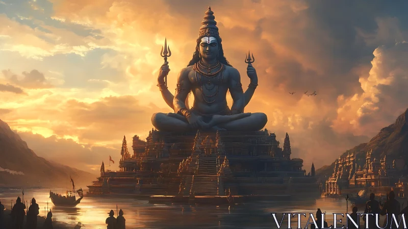 Golden hour temple of a serene cosmic deity over water.