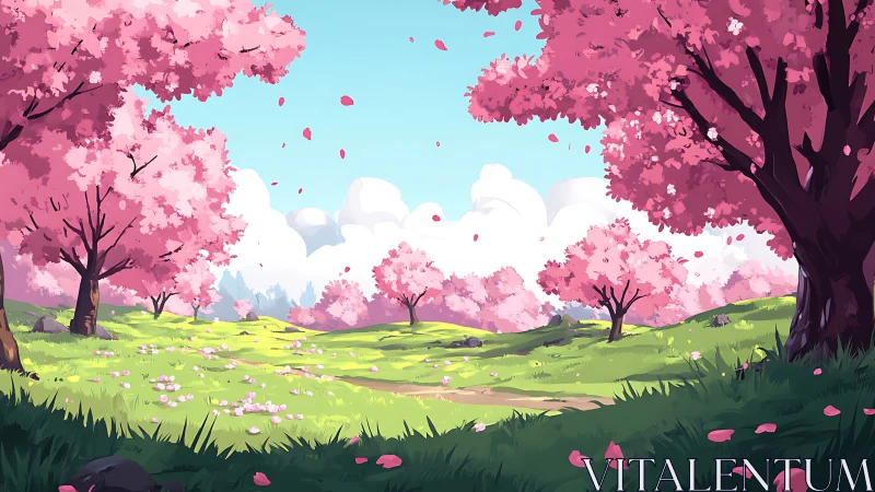 Daydream meadow under swirling pink cherry blossom skies.