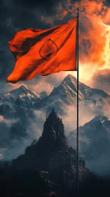 Orange flag with emblem rises over dark mountain temple scene