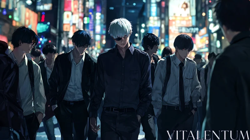 White haired anime man in dark neon city crowd at night.