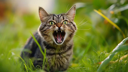 Tabby cat hissing with open mouth in grass outdoor setting.