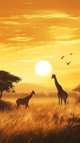 Golden savanna sunset with gentle giraffes and soaring birds.