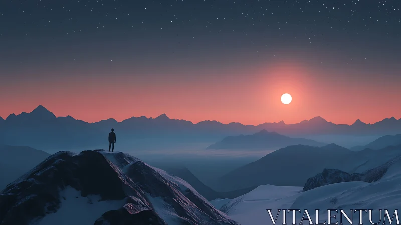 Solitary figure observes glacial mountain range at digital dusk