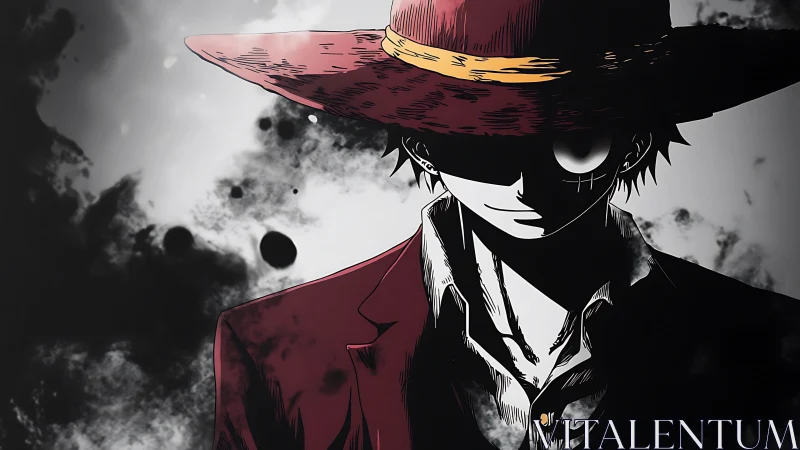 Dark anime figure in red coat and hat with stark shadows.