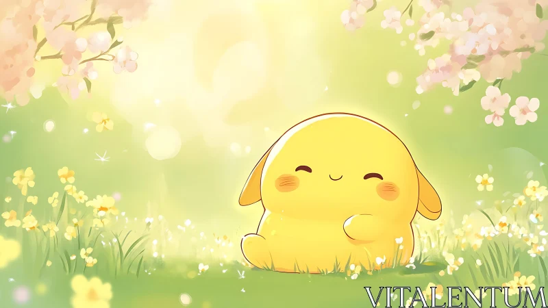 Yellow cartoon creature sitting in bright flower meadow.