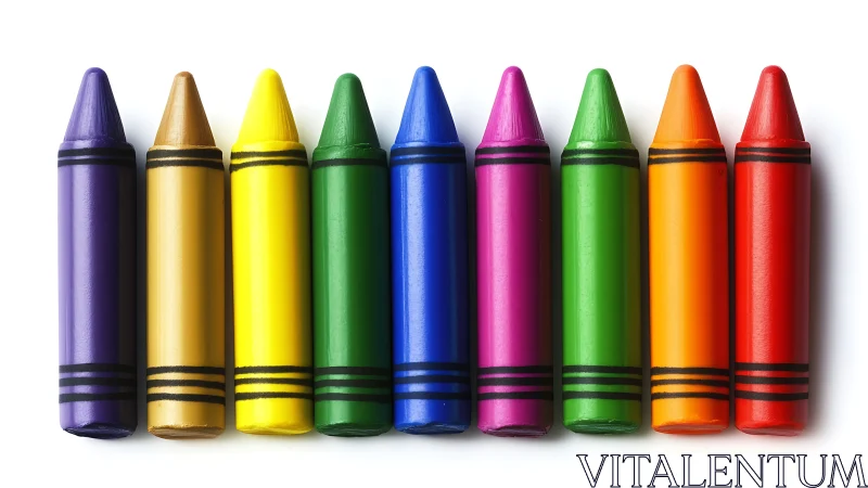 Colorful wax crayons align in precise rainbow spectrum.