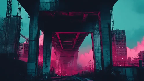 Neon underpass glows against cyan skyline in dystopian city.