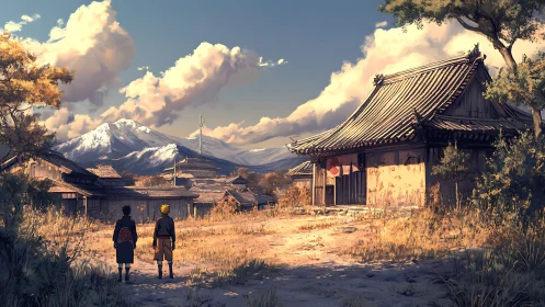 Anime village path with temple and snowcapped mountain backdrop