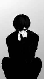 Shadowed boy in monochrome silence, folded into thought.