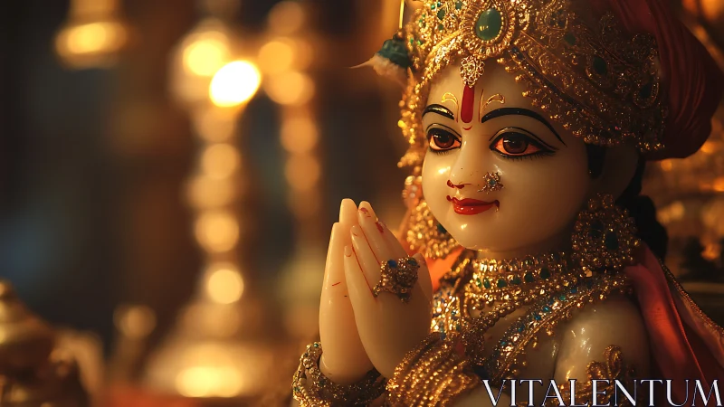 Gilded devotional sculpture in warm temple bokeh lighting.