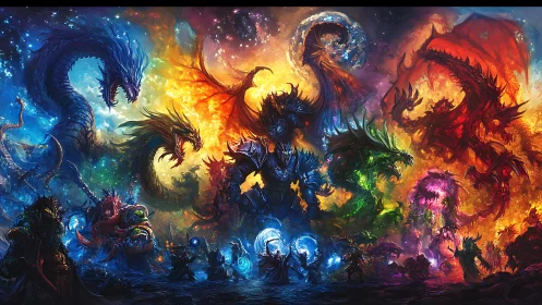 Elemental dragon pantheon encircling armored warlock.