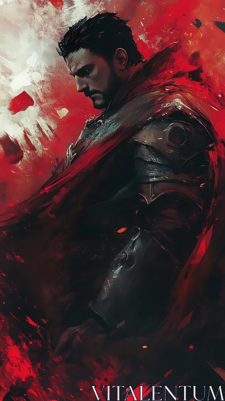 Brooding armored warrior in red and black swirling chaos.