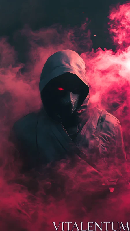 Hooded masked figure emerging through red neon smoke.