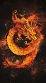 Fiery golden dragon swirling through a storm of glowing embers.
