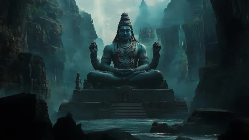 Monumental seated deity statue within misted canyon temple.