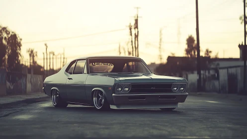 Low-slung classic muscle car rendered in cinematic street light