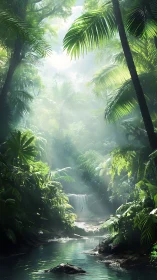 Misty Tropical Waterfall Sanctuary with Sunlit Palm Canopy