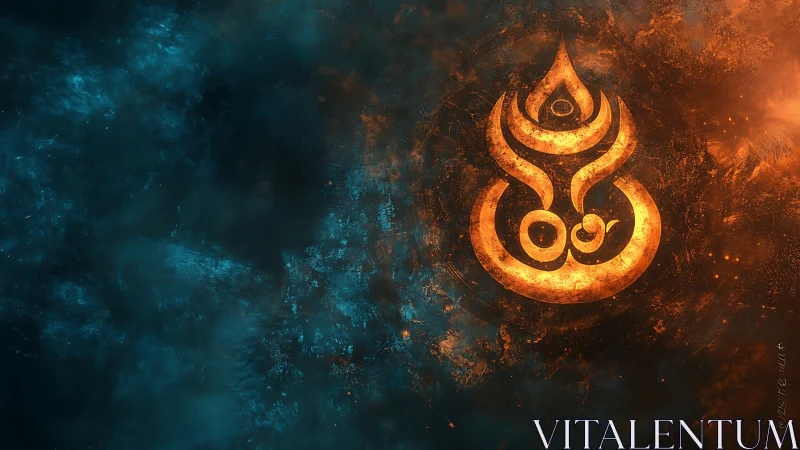 Fiery sigil emblem amid turbulent blue orange nebular field