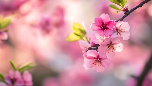 Soft pink cherry blossoms glow gently in dreamy spring light