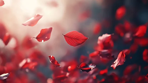 Shallow depth-of-field red leaves drift through soft backlit air