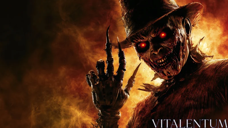 Burning-eyed scarecrow ghoul with bladed hand in fiery haze