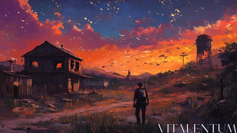 Wanderer walks into a glowing sunset over a quiet ruined town