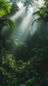 Misty tropical forest canopy with radiant light piercing dense vegetation