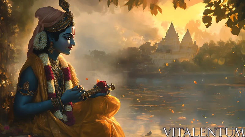 Blue-skinned divine figure plays flute beside misty river temple