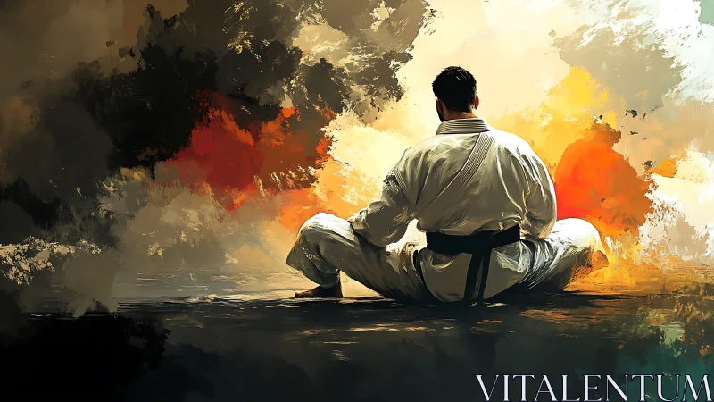 Martial artist seated in meditative pose within abstract light field