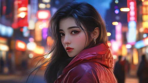 Neon city portrait of young woman in red jacket at night