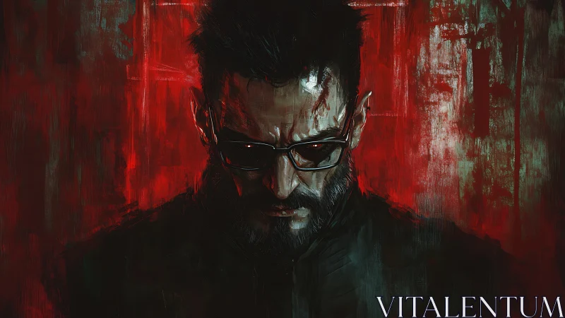 Solitary male figure with glasses against textured red field.