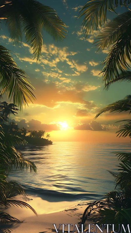 Golden lagoon sunset framed by lush whispering palms.