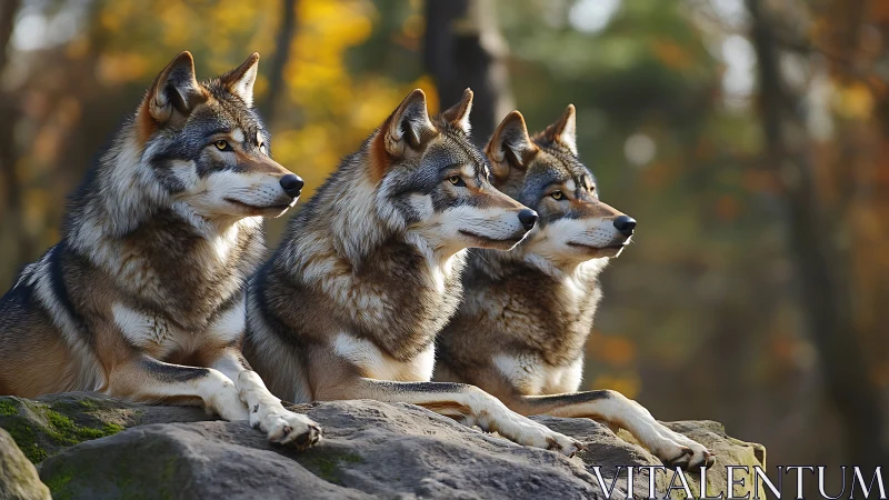 Autumn forest wolf trio resting together in quiet harmony.