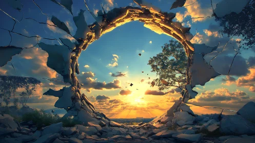 Shattered stone portal framing radiant sunset horizon.