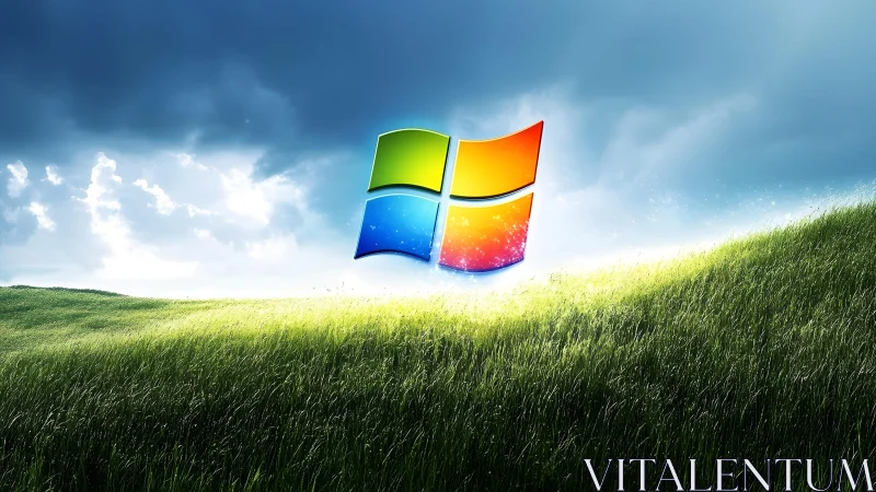 Windows logo floating over lush grassy field, digital art style.
