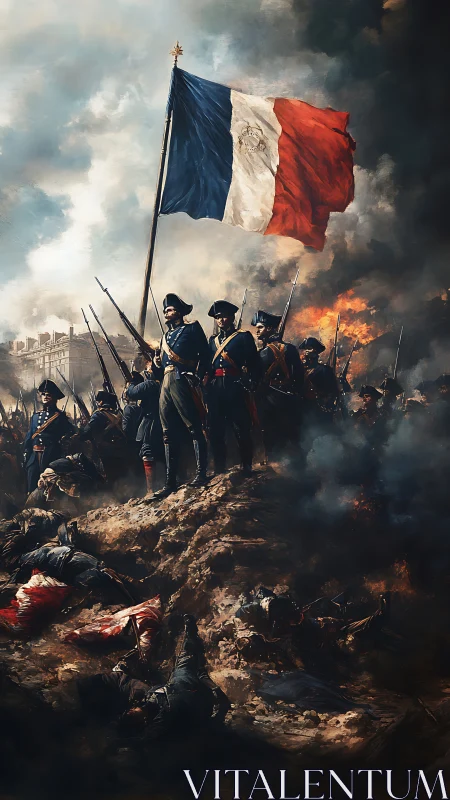 French tricolor raised over embattled Napoleonic hillside.