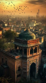 Golden dusk over an old city tower and quiet rooftops.
