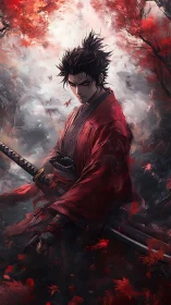 Crimson samurai warrior amid stormy autumn foliage panorama.